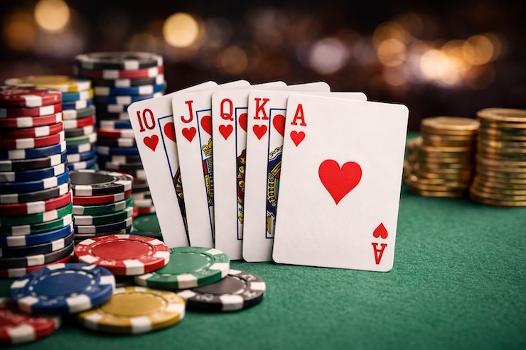 포커 테이블 위에 하트 10, J, Q, K, A 카드로 로열 플러시가 완성된 모습과 주변에 놓인 포커 칩 이미지