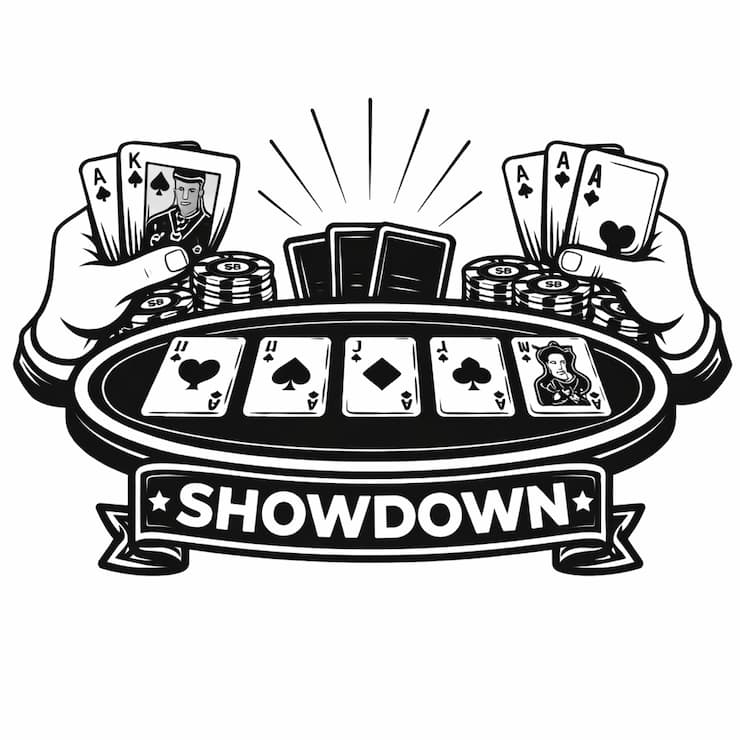 포커 쇼다운 단계에서 두 플레이어가 패를 공개하고 승부가 결정되는 순간을 표현한 흑백 아이콘