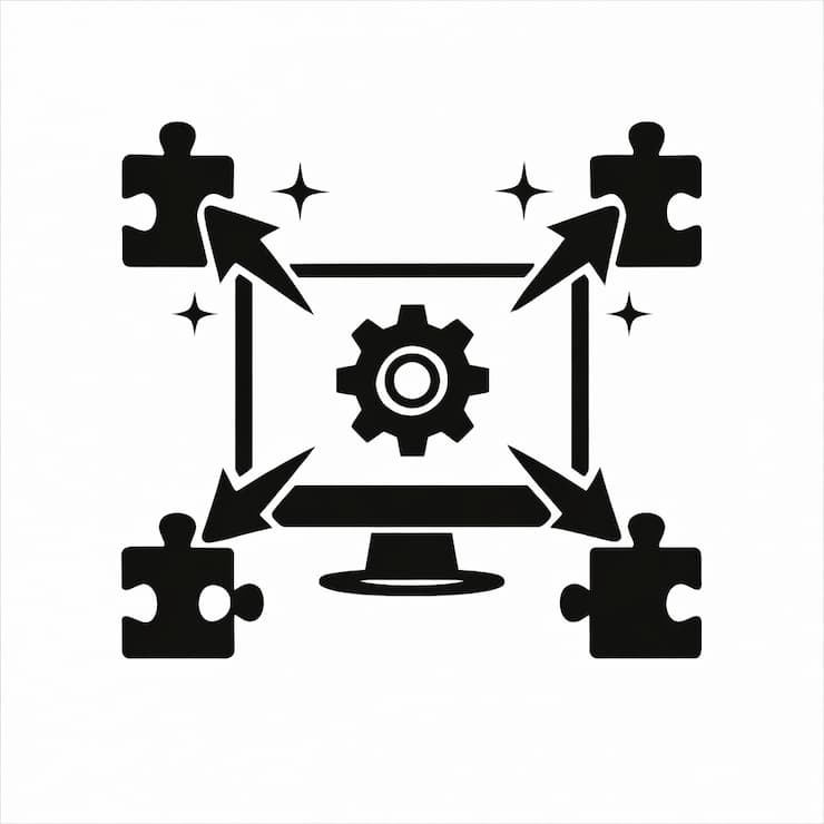 중앙 모니터와 톱니바퀴, 퍼즐 조각과 화살표로 소프트웨어 통합을 표현한 흑백 아이콘