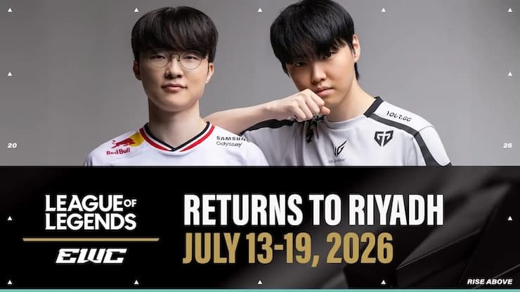 리그 오브 레전드 EWC 2026 홍보 이미지. T1 소속 선수 두 명이 등장하며, ‘League of Legends returns to Riyadh, July 13–19, 2026’ 문구가 함께 표시돼 있다.