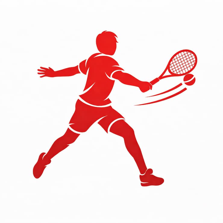 테니스 선수가 라켓으로 공을 타격하는 순간을 빨간 단색 실루엣으로 표현한 아이콘