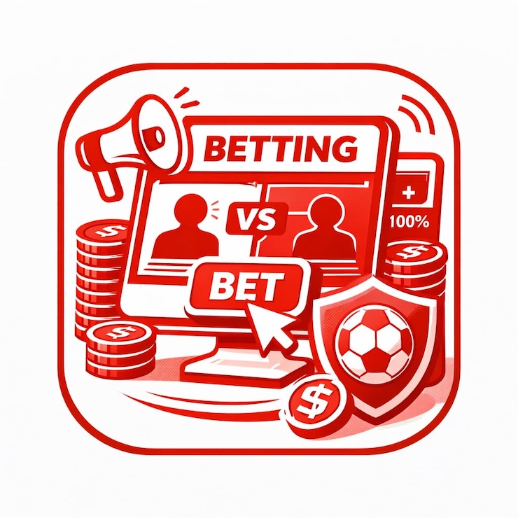 흰색 배경 위에 붉은 단색 실루엣으로 표현된 토토사이트 기능 아이콘으로, 베팅 화면이 표시된 모니터와 VS 매치업, 코인 더미, 방패 모양의 스포츠 아이콘, ‘BET’ 버튼을 클릭하는 커서가 간결한 벡터 스타일로 구성된 일러스트.