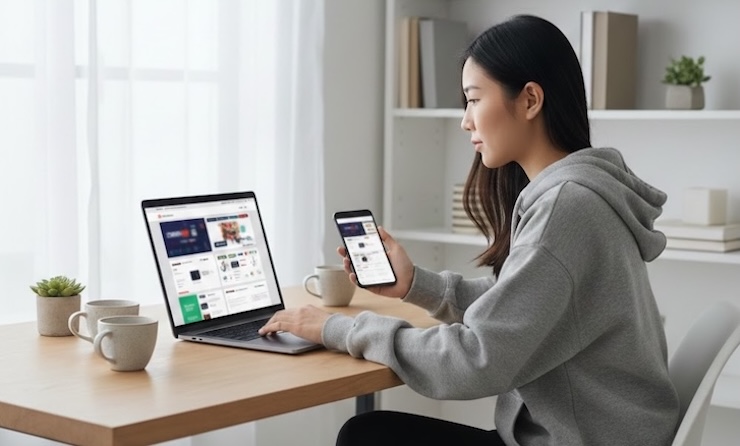 노트북과 스마트폰을 이용해 여러 사이트를 비교하며 토토 사이트를 선택하는 사용자 모습. 집 안 책상에 앉아 신중하게 화면을 살펴보고 있다.