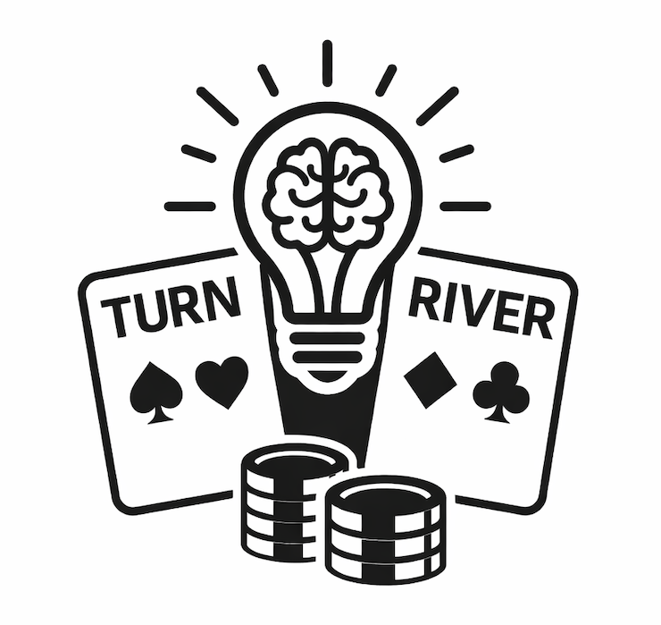 턴과 리버 카드 앞에서 전략적 판단을 상징하는 전구와 칩 아이콘