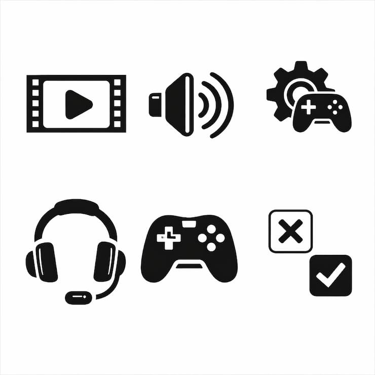 비디오 재생, 음량 조절, 게임 설정, 헤드셋, 게임 컨트롤러, 확인·취소 버튼을 표현한 흑백 아이콘 세트