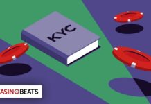 온라인 카지노 KYC 인증, 반드시 알아야 할 모든 것 온라인 카지노 KYC 인증을 상징하는 일러스트 이미지와 카지노 칩, Casinobeats 로고.