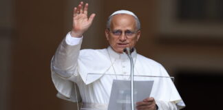 교황 레오 14세가 손을 흔들며 인사하고 있다.