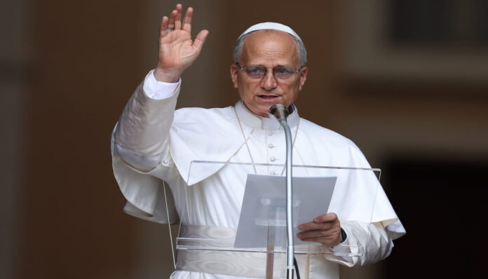 교황 레오 14세가 손을 흔들며 인사하고 있다.