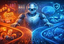 AI가 재편하는 온라인 카지노…수익 극대화와 책임 경영의 갈림길 중앙에 미래형 AI 로봇이 서 있고, 화면이 좌우로 갈라져 한쪽에는 슬롯머신·카드·칩 등 수익을 상징하는 요소들이, 다른 한쪽에는 뇌 모양 그래픽·보안 방패·저금통 등 책임과 보호를 상징하는 이미지들이 배치된 온라인 카지노 산업의 양면성을 표현한 디지털 일러스트.