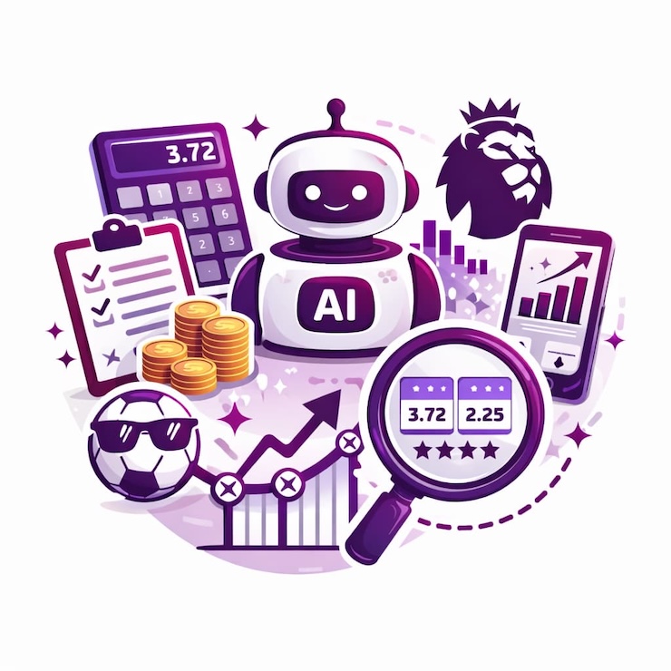 프리미어리그 베팅을 위한 보조 도구와 데이터 활용 아이콘, AI 분석과 배당 계산, 통계 정보를 시각화한 이미지