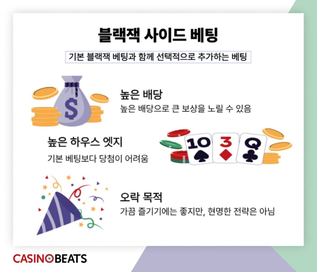 블랙잭 사이드 베팅의 특징(선택형 베팅, 높은 배당, 높은 하우스 엣지, 오락 목적)을 설명한 인포그래픽.