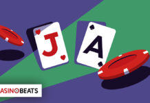 블랙잭 사이드 베팅: 기본 개념부터 작동 방식까지 카드(J와 A)와 카지노 칩으로 블랙잭 사이드 베팅을 상징적으로 표현한 일러스트 이미지.