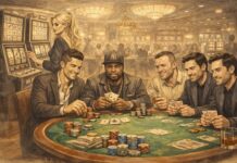 할리우드 스타부터 스포츠 레전드까지…카지노 게임 즐기는 글로벌 셀럽들 세 남성이 포커 테이블에서 카드와 칩을 앞에 두고 게임에 집중하는 누런 톤의 스케치 스타일 이미지