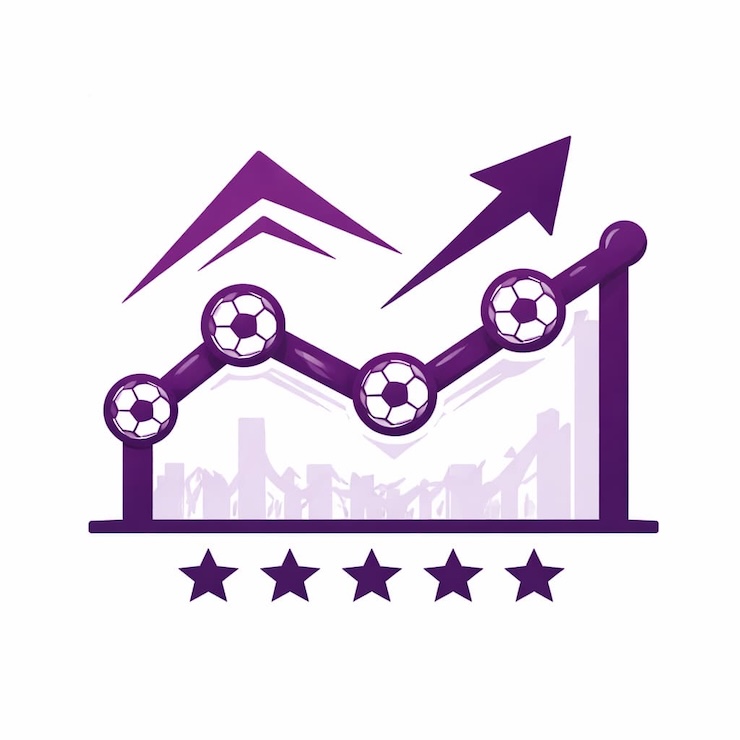 프리미어리그 팀 경기력과 흐름을 나타내는 통계 그래프 아이콘, 상승 곡선과 축구공으로 성과 분석을 표현한 이미지