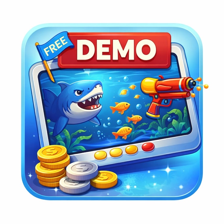 낚시게임 데모모드를 나타내는 무료 플레이 화면과 물고기 슈터 아이콘