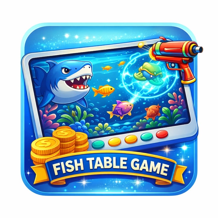 전자 태블릿 화면 속 수중 배경에서 상어와 다양한 물고기를 레이저 총으로 조준하는 피쉬 테이블 게임 아이콘 일러스트