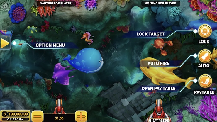 온라인 낚시 테이블 게임 화면으로 물고기, 자동 사격, 타겟 고정, 배당표 등 주요 조작 UI가 표시된 모습