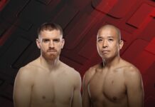 박준용, 4월 샤바지안과 격돌…UFC 10승 고지 재도전 상의를 벗은 두 남성 격투 선수가 나란히 서서 정면을 응시하고 있는 UFC 공식 대진 포스터 이미지.