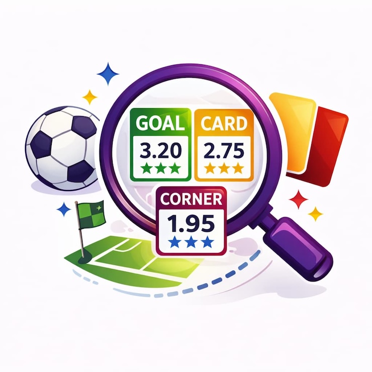 VAR 판정, 오프사이드, 어시스트 등 축구 경기 판정과 기록을 분석하는 베팅 아이콘 일러스트