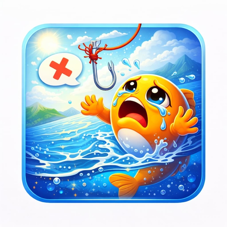 물고기를 놓쳐 아쉬워하는 낚시 장면을 표현한 아이콘