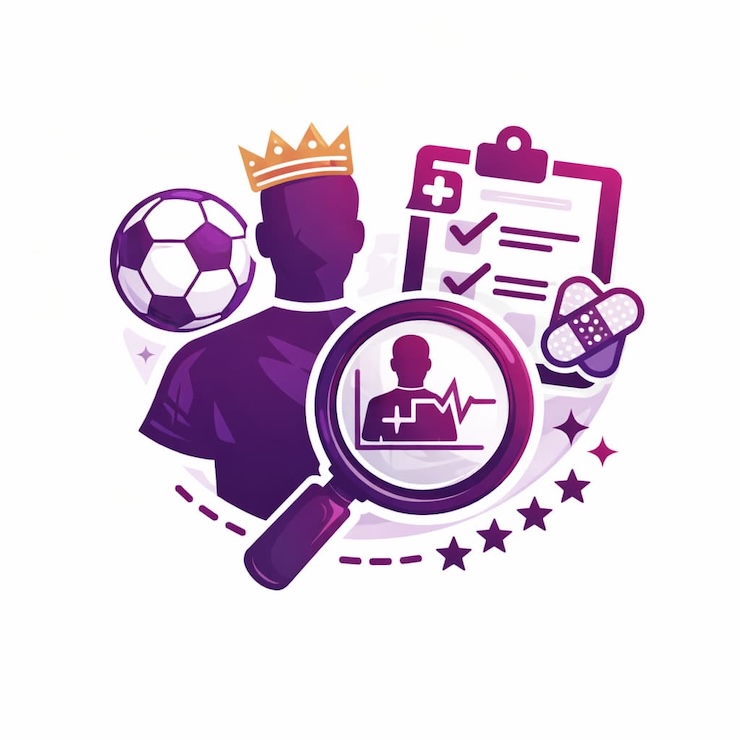선수 개인 영향력과 컨디션을 분석하는 축구 아이콘, 핵심 선수 평가와 부상·기록 요소를 표현한 이미지