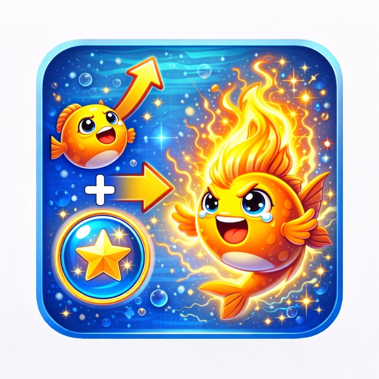 물고기가 파워업 효과로 강화되는 모습을 표현한 아이콘