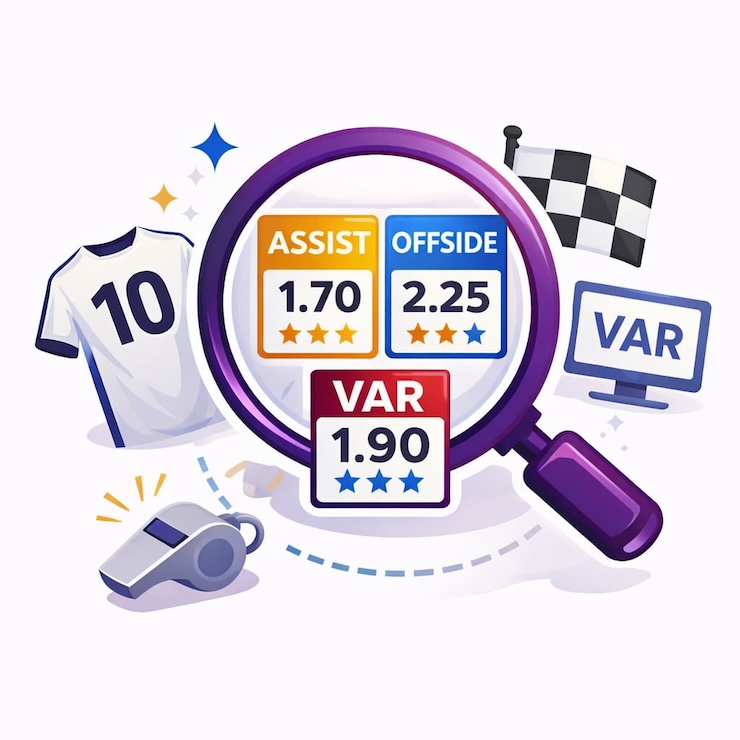 골, 카드, 코너킥 등 경기 내 기록 요소를 기반으로 한 축구 베팅 분석 아이콘 일러스트