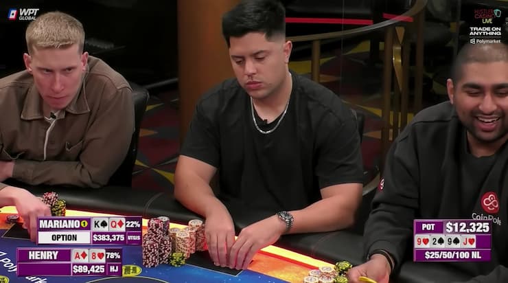 WPT 글로벌 토너먼트에 참가한 마리아노가 칩을 모으고 있다.