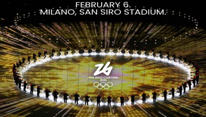 2026 이탈리아 밀라노 올림픽 홍보 이미지. 많은 선수들이 아이스링크에 원을 그리며 서있다.