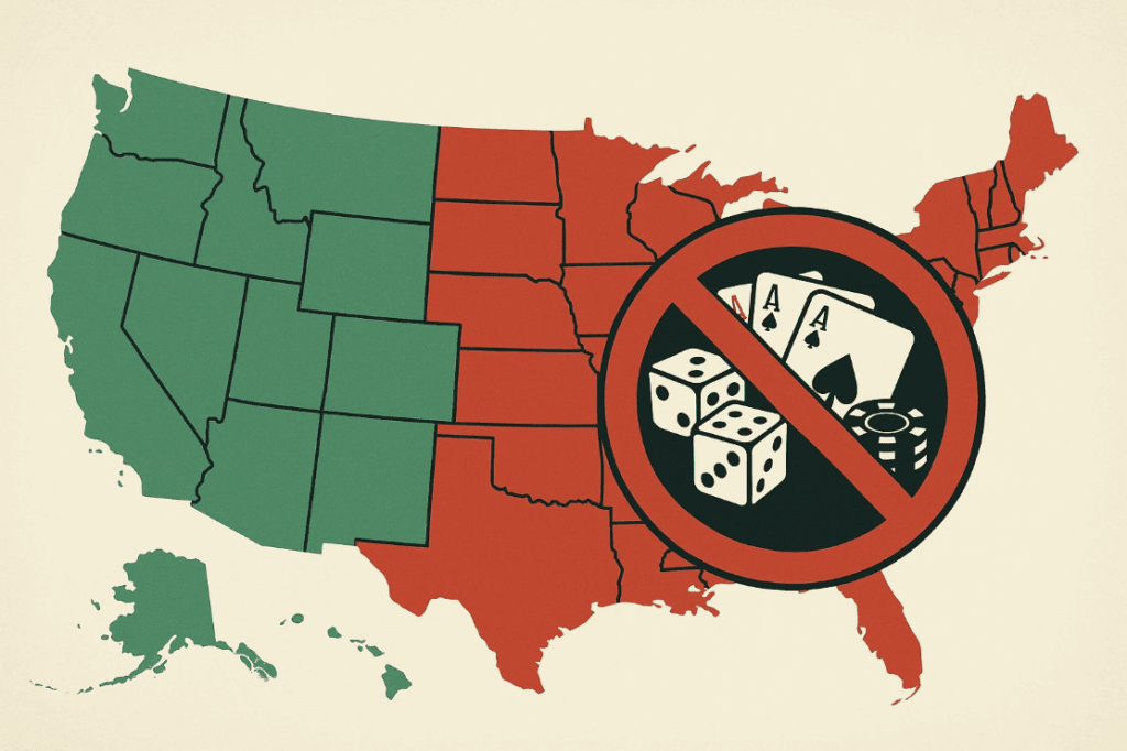 Overzicht van de Amerikaanse Staten met een duidelijk stop bord en daarop gokelementen zoals dobbelstenen, speelkaarten, pokerchips en sweepstakes