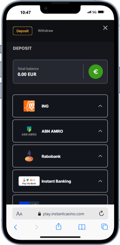 Instant casino geld storten en opnemen