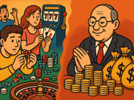 Een verticaal gesplitste tekening, met links mensen met een gokverslaving in een casino. Rechts een rijke ambtenaar die profiteert van de gokmarkt.