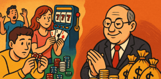 Een verticaal gesplitste tekening, met links mensen met een gokverslaving in een casino. Rechts een rijke ambtenaar die profiteert van de gokmarkt.