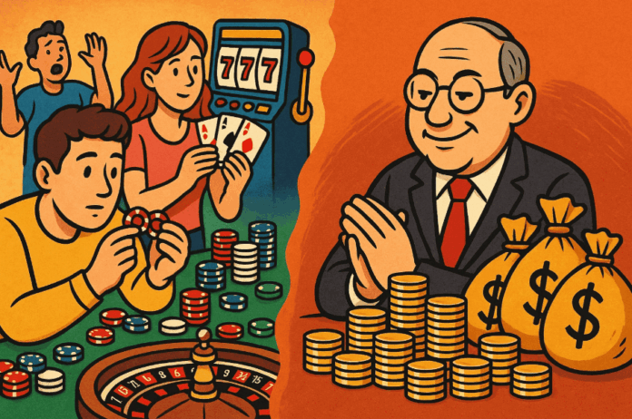 Een verticaal gesplitste tekening, met links mensen met een gokverslaving in een casino. Rechts een rijke ambtenaar die profiteert van de gokmarkt. Een verticaal gesplitste tekening, met links mensen met een gokverslaving in een casino. Rechts een rijke ambtenaar die profiteert van de gokmarkt.