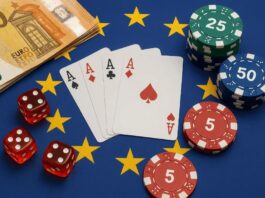 Diverse gokelementen zoals speelkaarten en casino chips op een vlag van de EU en de EGBA.