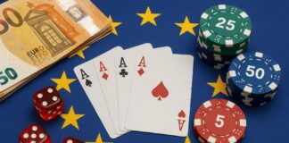 Diverse gokelementen zoals speelkaarten en casino chips op een vlag van de EU en de EGBA.