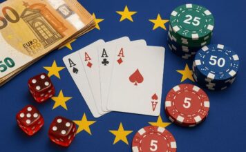 Diverse gokelementen zoals speelkaarten en casino chips op een vlag van de EU en de EGBA.