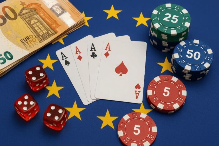 Diverse gokelementen zoals speelkaarten en casino chips op een vlag van de EU en de EGBA.