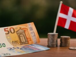 euro biljetten en munten voor een Deense vlag