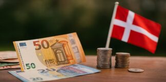 euro biljetten en munten voor een Deense vlag