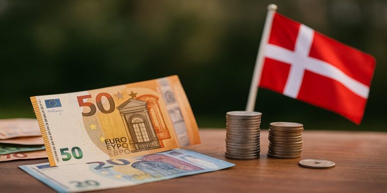 euro biljetten en munten voor een Deense vlag