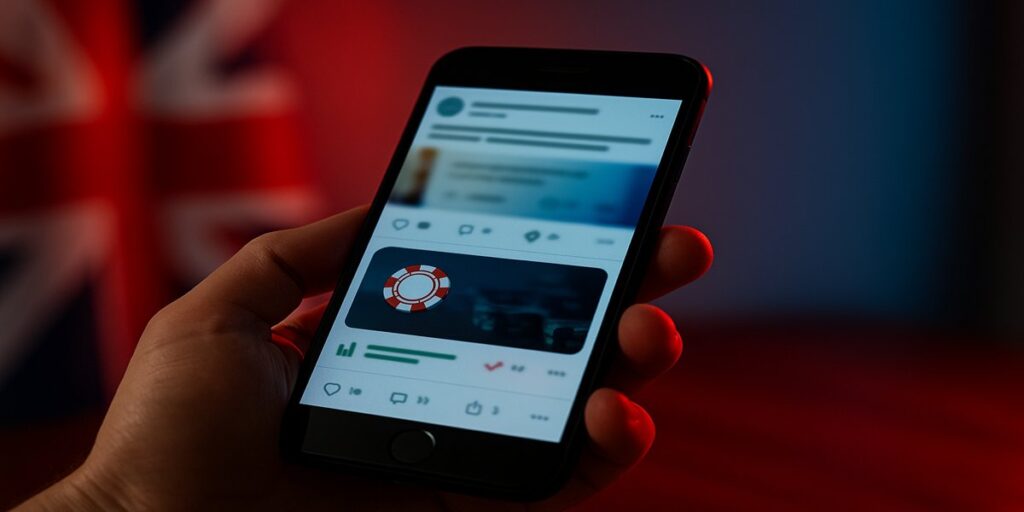 telefoon met gokreclames op social media