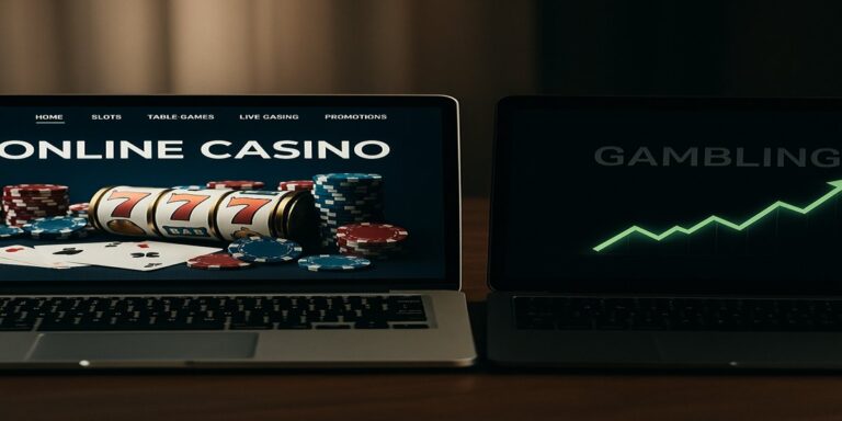 online casino op een laptop en grafiek met stijgende lijn ernaast