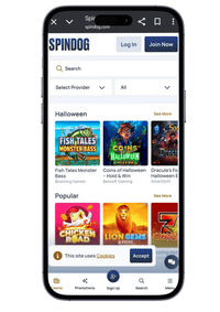 Startpagina van Spindog met no deposit casino bonus promoties