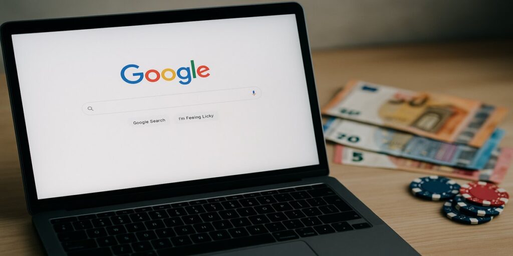 laptop met Google startscherm en casino fiches