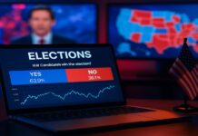 Kalshi voorspelt verkiezingsuitslagen nog vóór de Amerikaanse media Kalshi voorspellingsmarkt op een laptop met nieuwszenders op de achtergrond