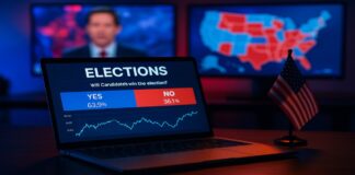 Kalshi voorspellingsmarkt op een laptop met nieuwszenders op de achtergrond