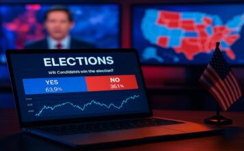 Kalshi voorspellingsmarkt op een laptop met nieuwszenders op de achtergrond