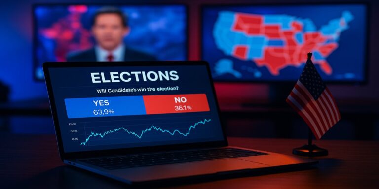 Kalshi voorspellingsmarkt op een laptop met nieuwszenders op de achtergrond