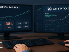 Kalshi en Crypto.com richten coalitie op voor prediction markets Computerschermen met voorspellingsmarkt en crypto.com